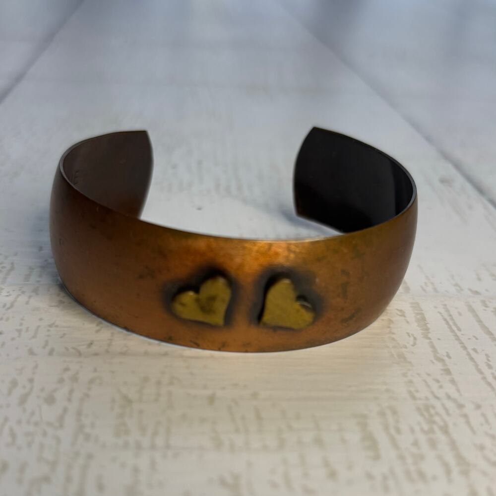 Vintage Copper Cuff Bracelet Double Heart Artisan